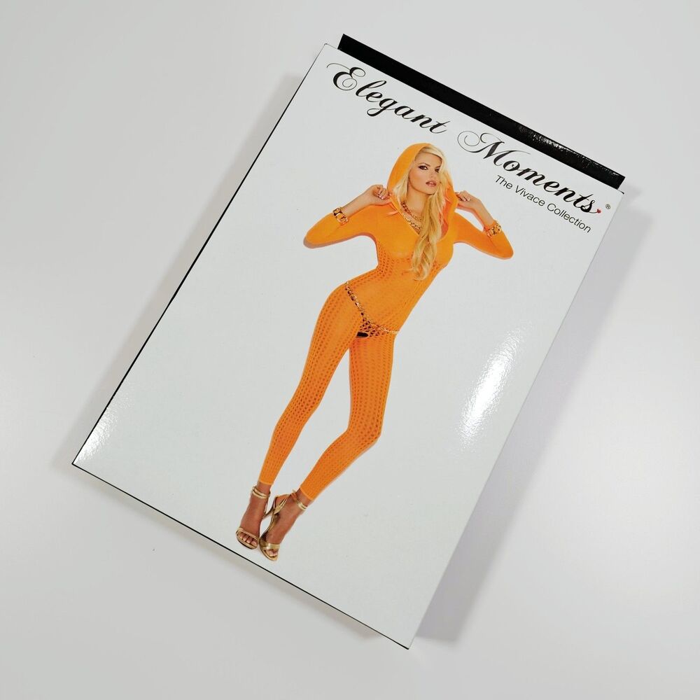 Elegant Moments Orange Crochet Bodystocking Crotchless Lingerie with Hood OS